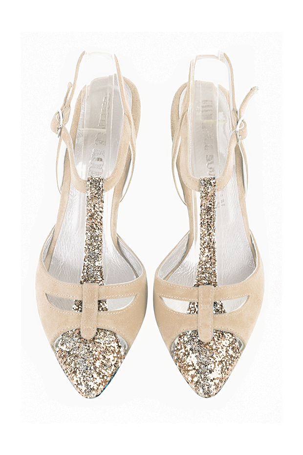 Dress T-strap closed-toe heels in gold and champagne white with high slim heels and tapered toe - Top view
